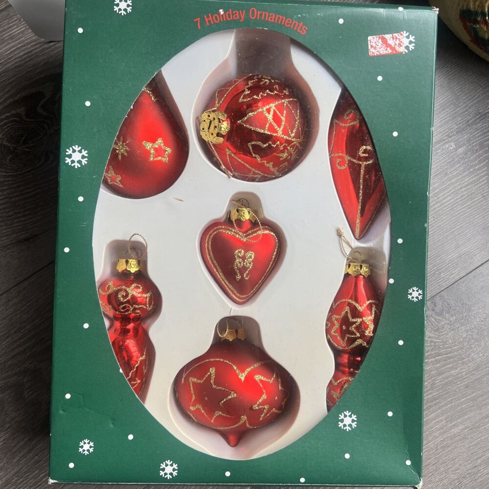 7 Glass Ornaments Christmas Holiday 2001 Mervyns Hand Decorated Red Gold